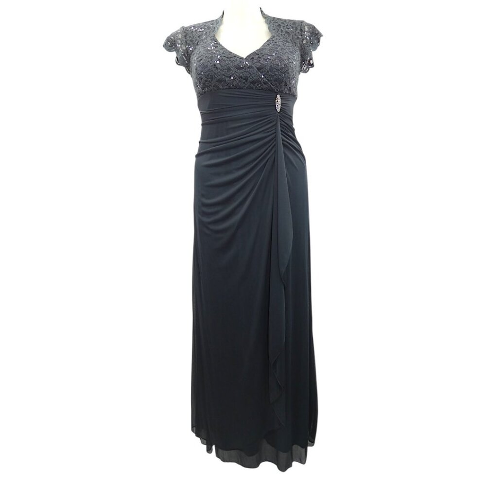Betsy & Adam Sequin Lace Gown Charcoal Gray Size 14 Formal Evening - Picture 3 of 10